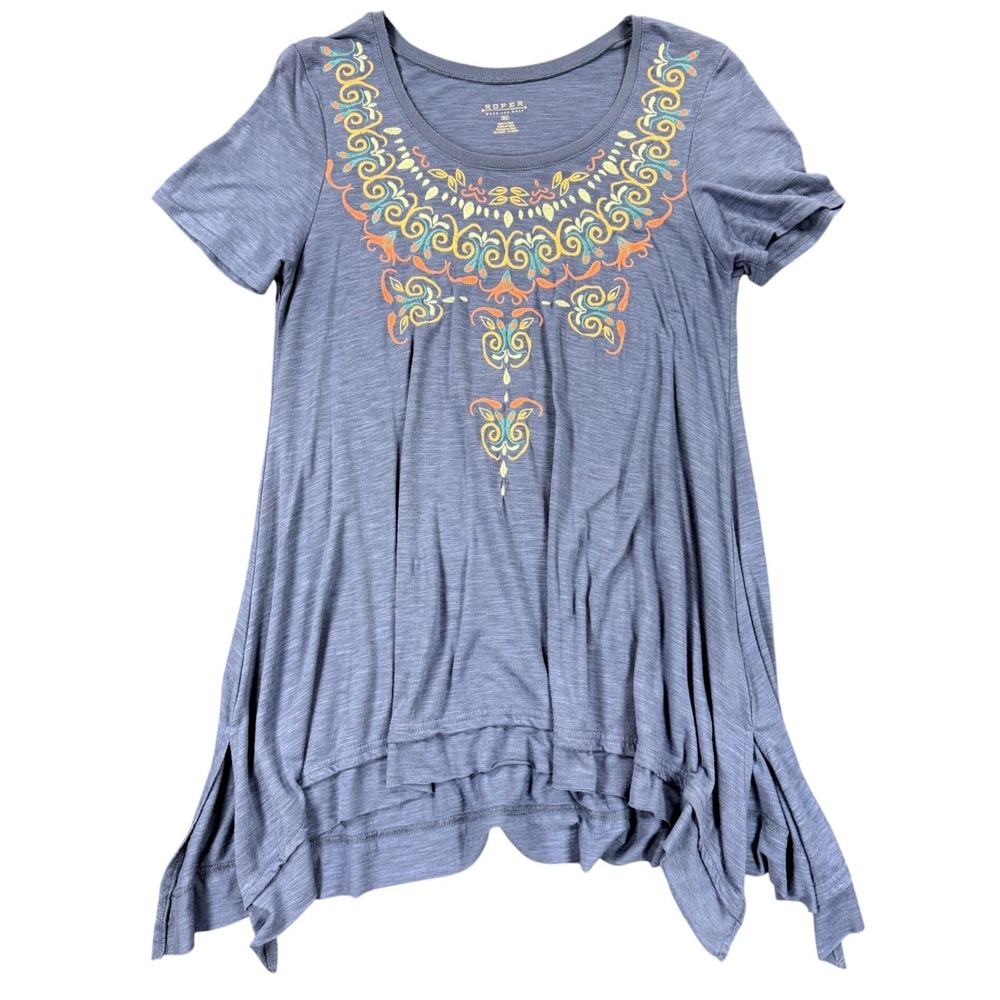 Roper Wear The West Blue Embroidered Short Sleeve Tunic Sharkbite Hem Top XL